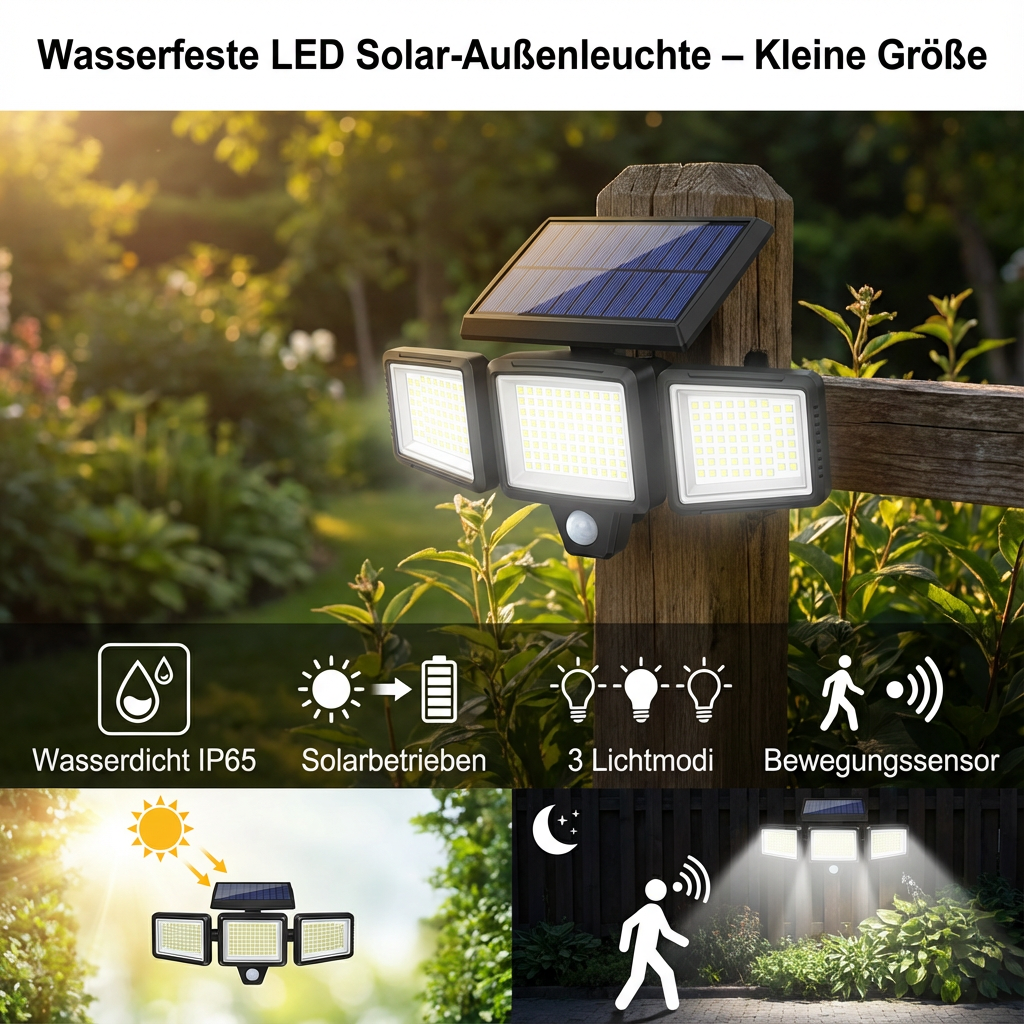 Solar Security Light with Motion Sensor | 3 Adjustable LED Panels, Waterproof | Wire-Free Outdoor Security Lighting 2