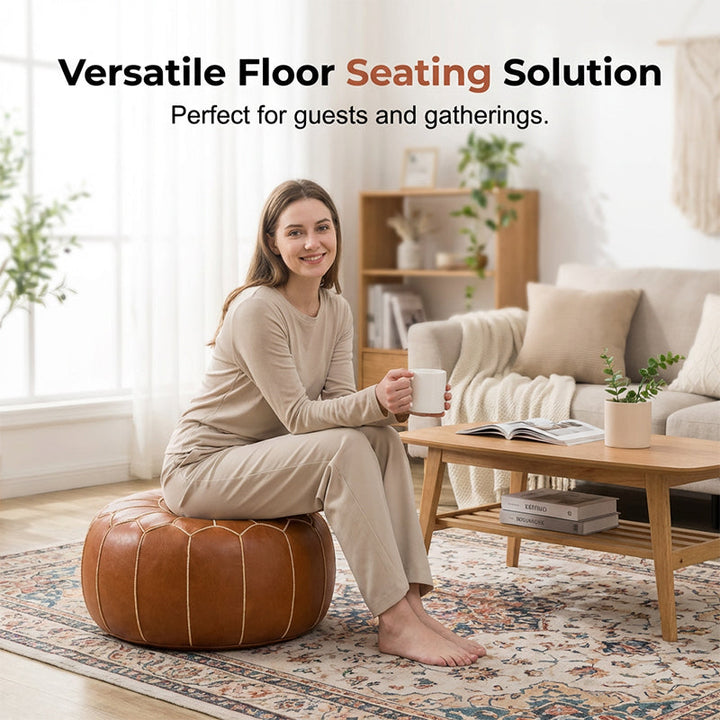 Storage Ottoman Waterproof Embroidered Round Pouf with Side Handle 1