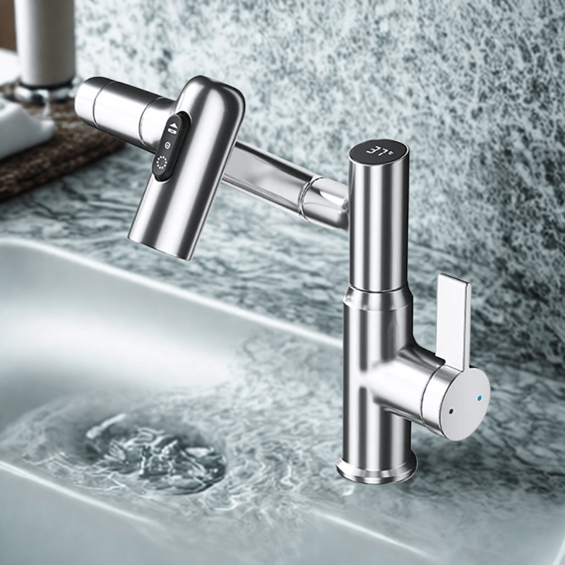 360° Rotating Kitchen Tap Stainless Steel | Height Adjustable Spout with Temperature Indicator | Splash-Free Chrome Finish 10