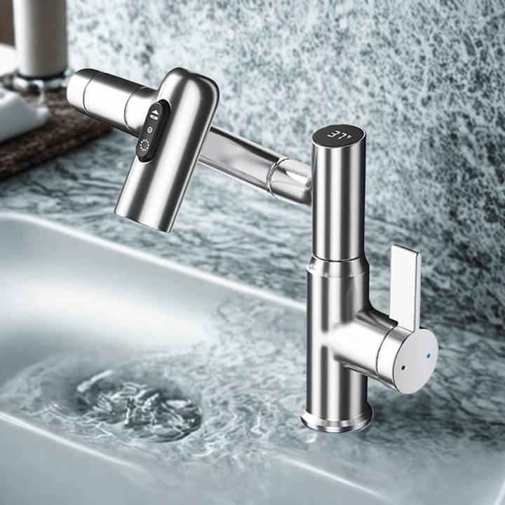 360° Rotating Kitchen Tap Stainless Steel | Height Adjustable Spout with Temperature Indicator | Splash-Free Chrome Finish 10