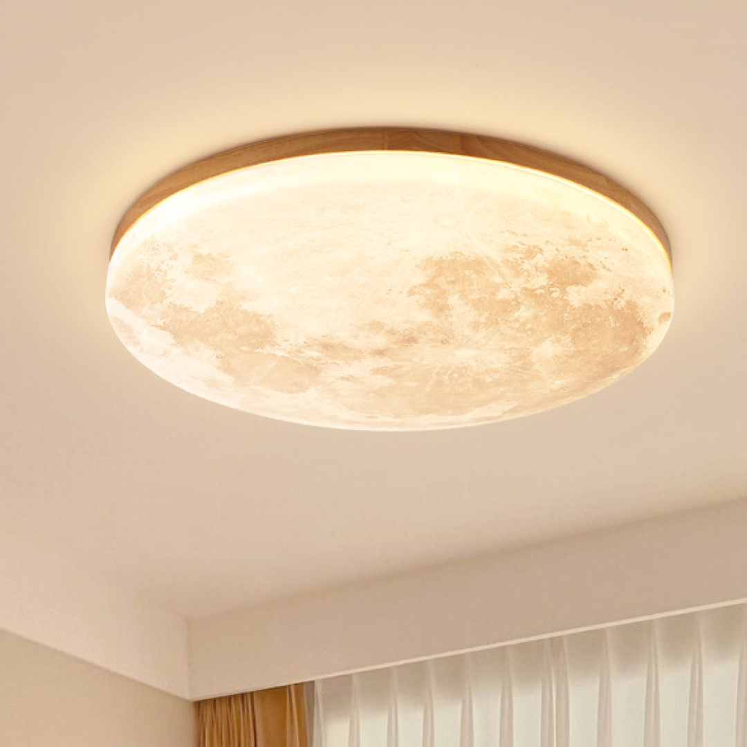 Flush Mount Ceiling Light Round Moon Print LED Wood - Image 1