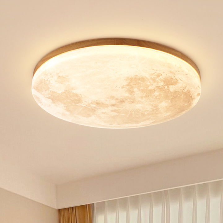 Flush Mount Ceiling Light Round Moon Print LED Wood - Image 1