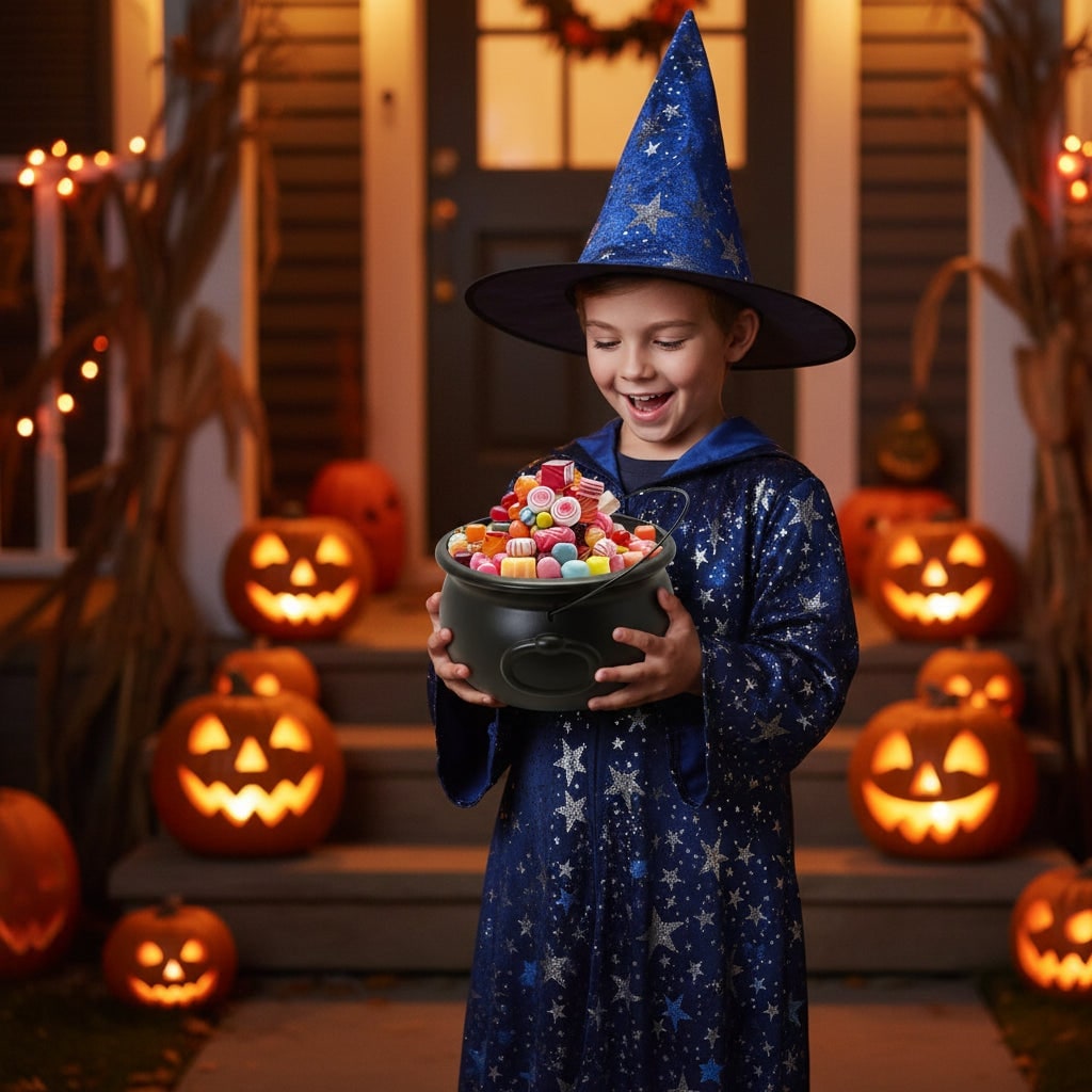 Halloween Cauldron Decoration with Wire Handle for Trick or Treat Party Display - Image 1
