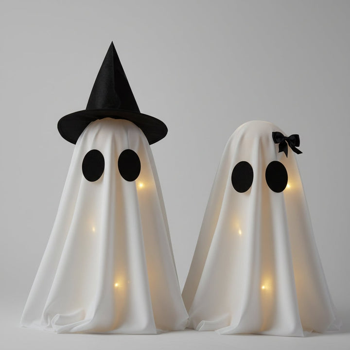 Halloween Ghost Decorations with Warm White LED Lights Set of Two Up for Tabletop Party Decor - Image 1
