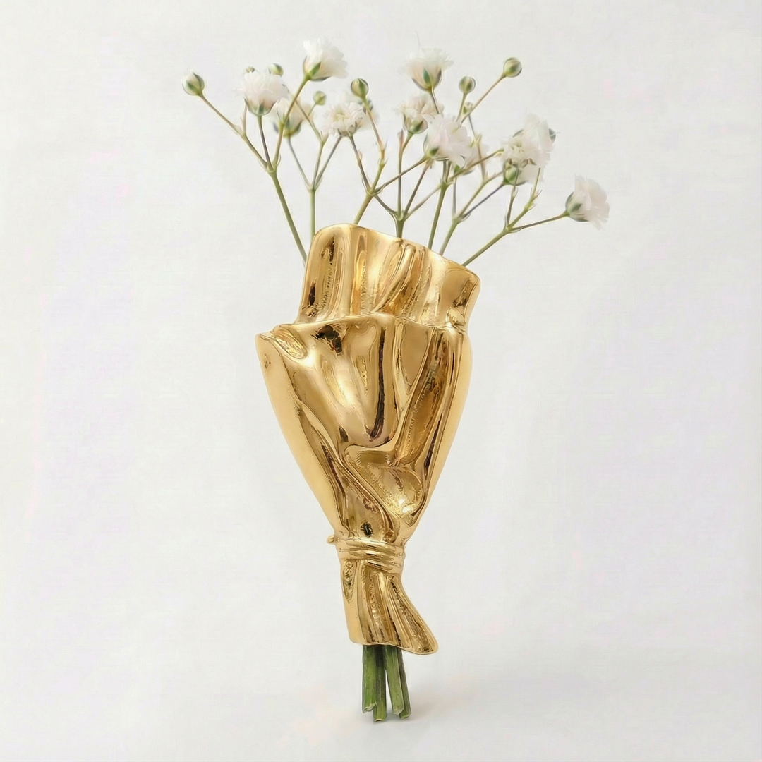 Small Vase Brooch Sculpted Polished Floral Bouquet with Fresh Stem Opening 8