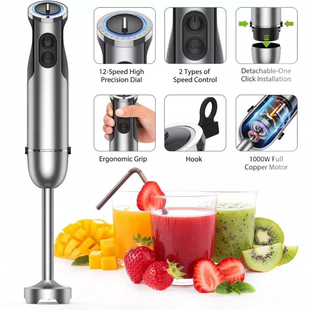 5-in-1 Immersion Handheld Blender Set | 1000W Copper Motor, 12 Speeds + Turbo | Stainless Steel Blades for Smoothies &amp; Soups 4