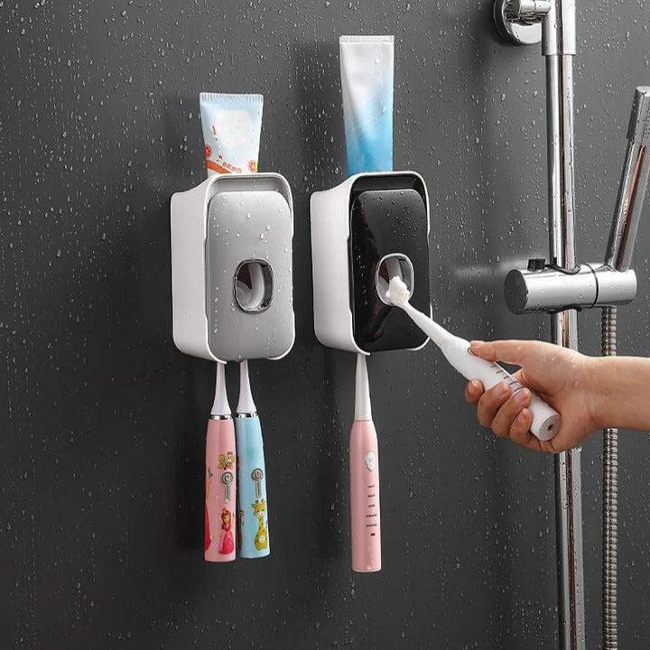 Automatic Toothpaste Dispenser Wall Mounted | Built-In Light &amp; Toothbrush Storage | Adhesive No-Drill Installation 6