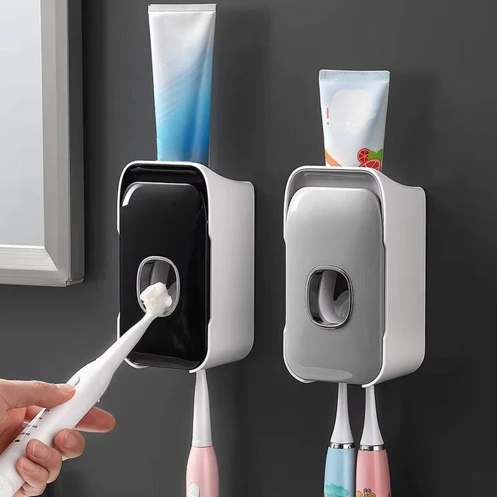 Automatic Toothpaste Dispenser Wall Mounted | Built-In Light &amp; Toothbrush Storage | Adhesive No-Drill Installation 7