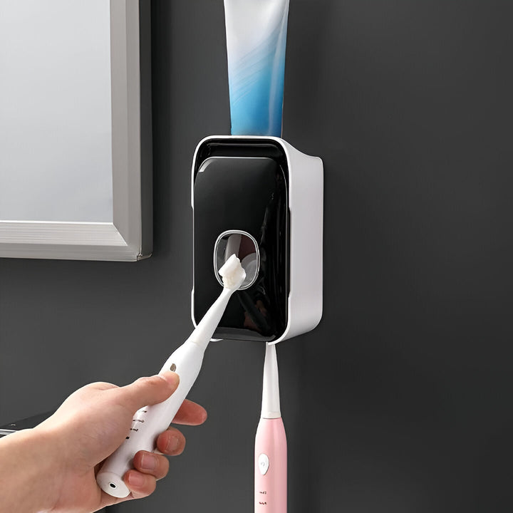 Automatic Toothpaste Dispenser Wall Mounted | Built-In Light &amp; Toothbrush Storage | Adhesive No-Drill Installation 1