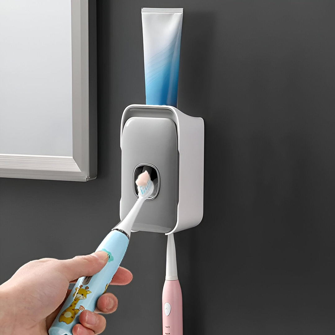 Automatic Toothpaste Dispenser Wall Mounted | Built-In Light &amp; Toothbrush Storage | Adhesive No-Drill Installation 2