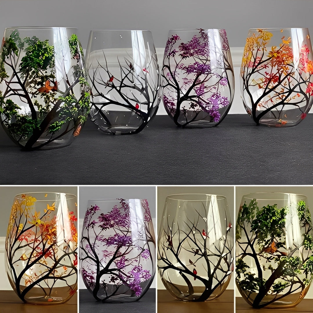 Hand-Painted Wine Glasses Set of 4 | Four Seasons Tree Design, Stemless or Stemmed | Dishwasher-Safe Handcrafted Glassware 9