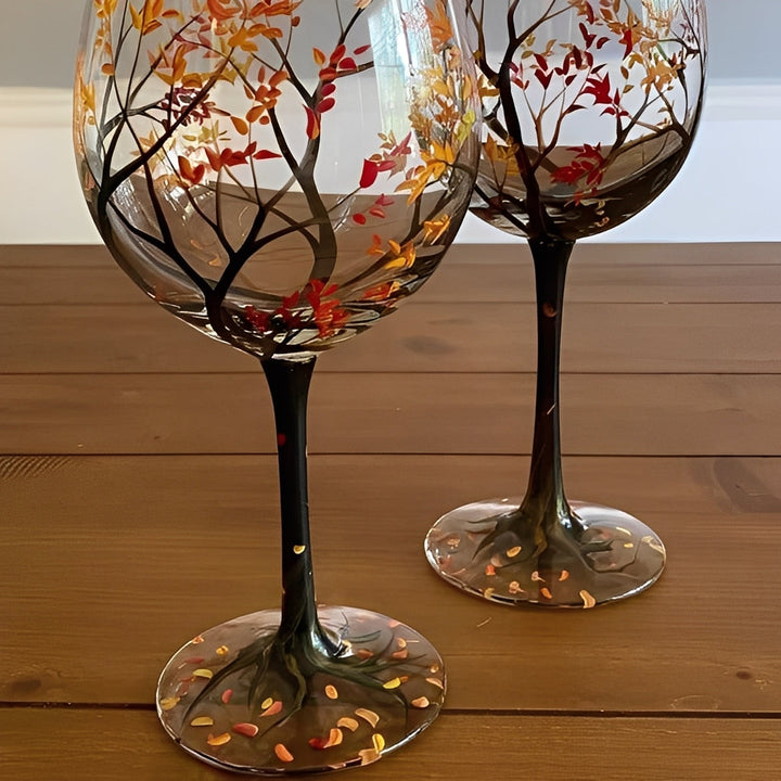 Hand-Painted Wine Glasses Set of 4 | Four Seasons Tree Design, Stemless or Stemmed | Dishwasher-Safe Handcrafted Glassware 8