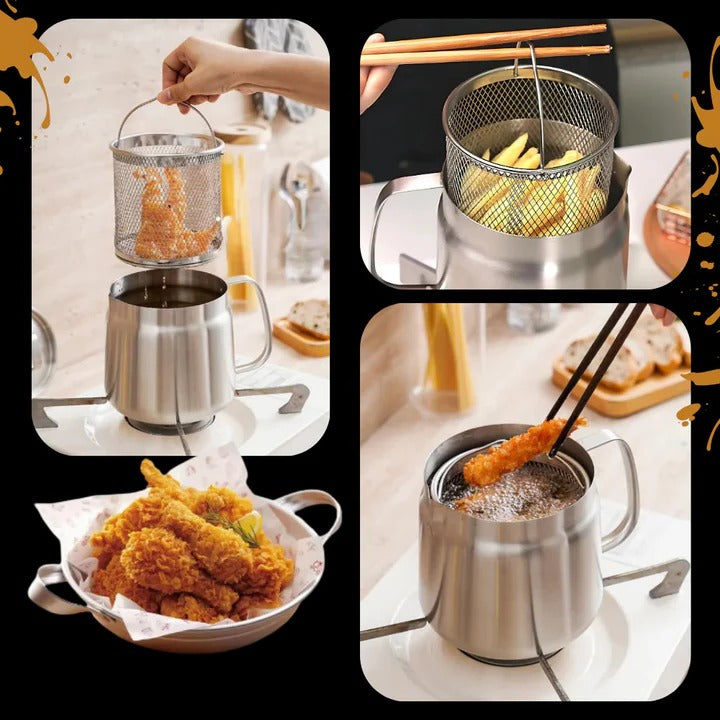 Deep Frying Pot with Strainer Stainless Steel | Built-In Oil Filter &amp; Heat-Resistant Handle | Fries, Sautés and Simmers 3