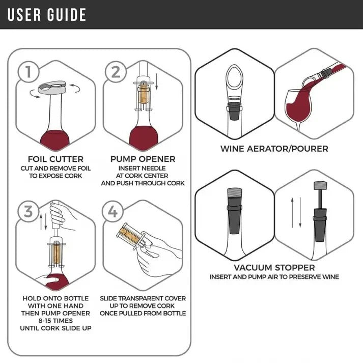 Air Pressure Wine Opener Set | Needle Cork Extractor with Foil Cutter, Pourer &amp; Stopper | No Batteries or Gas Needed 5