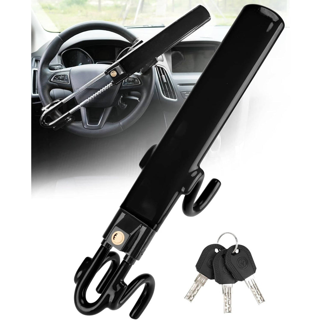 Steering Wheel Lock Solid Steel Bars | Four Hook Anti Theft Design, Copper Cylinder | Adjustable Fit with 3 Keys Included 1