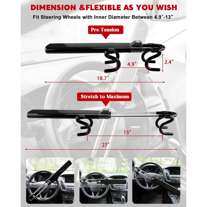 Steering Wheel Lock Solid Steel Bars | Four Hook Anti Theft Design, Copper Cylinder | Adjustable Fit with 3 Keys Included 3