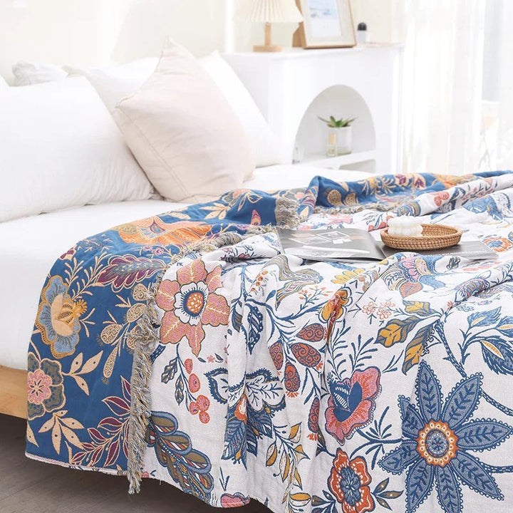 Boho Reversible Floral Throw Blanket Tasselled Edges 1