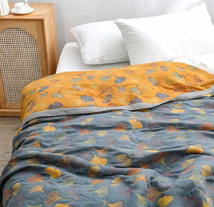 Reversible Throw Blanket Ginkgo Leaf Print | 150–230cm, 3 Sizes | Dual-Sided Nature Design, Machine Washable Care 2