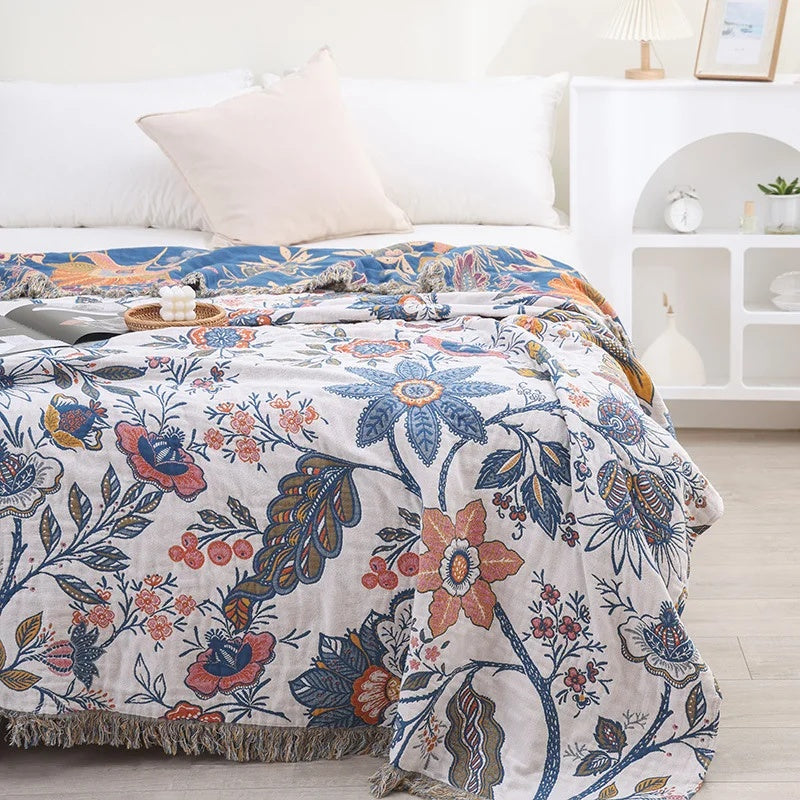 Boho Reversible Floral Throw Blanket Tasselled Edges 8