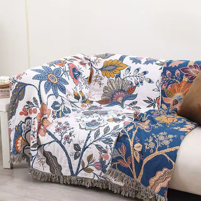 Boho Reversible Floral Throw Blanket Tasselled Edges 3