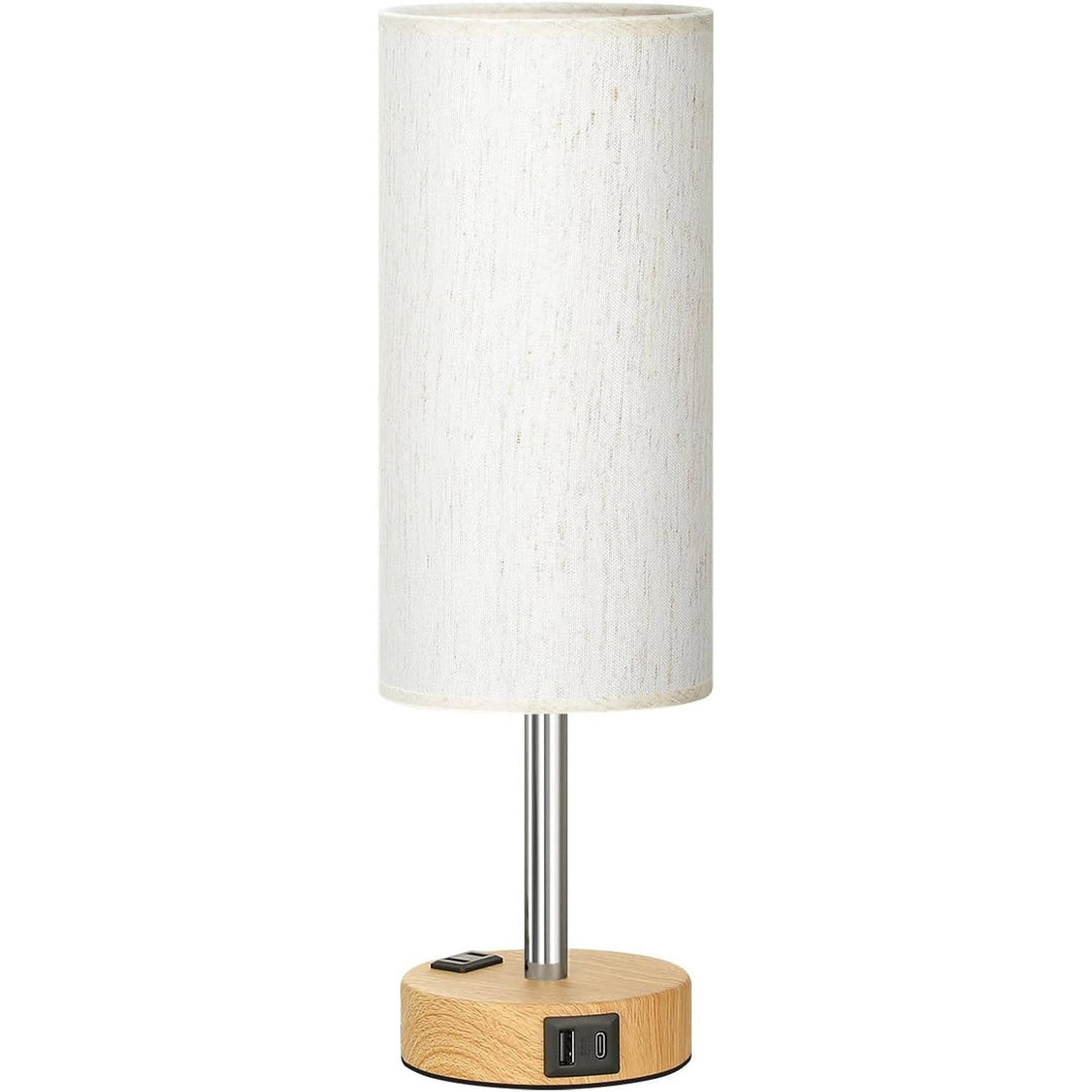 Bedside Table Lamp Wood Base | USB C and USB A Charging Ports, AC Outlet | Touch Dimmable Fabric Shade for Nightstand 3