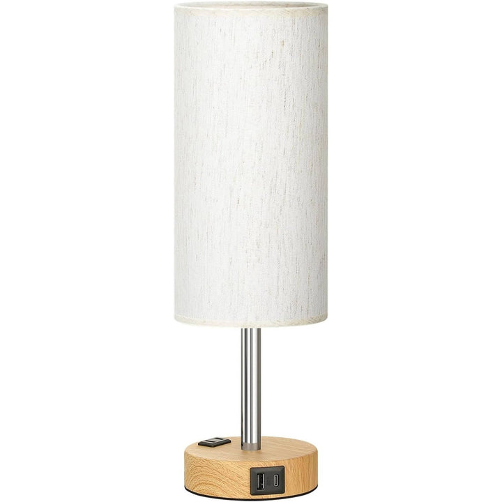 Bedside Table Lamp Wood Base | USB C and USB A Charging Ports, AC Outlet | Touch Dimmable Fabric Shade for Nightstand 3