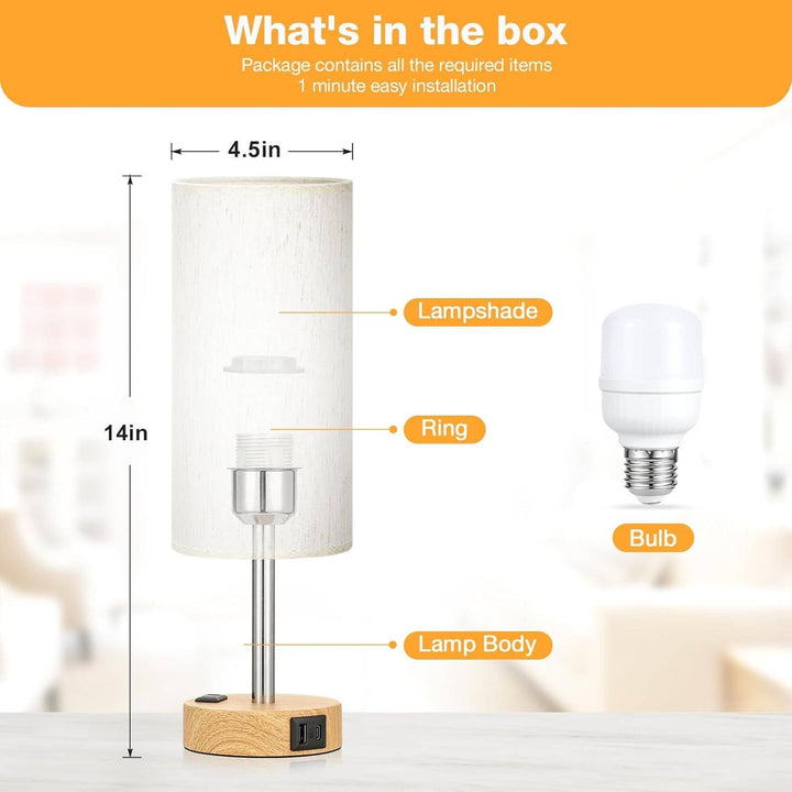 Bedside Table Lamp Wood Base | USB C and USB A Charging Ports, AC Outlet | Touch Dimmable Fabric Shade for Nightstand 4