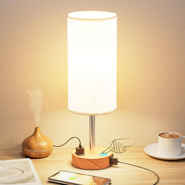 Bedside Table Lamp Wood Base | USB C and USB A Charging Ports, AC Outlet | Touch Dimmable Fabric Shade for Nightstand 1