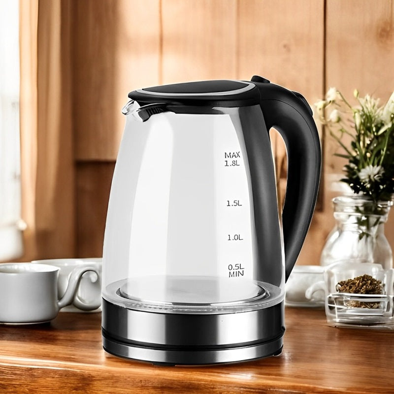 Electric Glass Kettle Stainless Steel | 1500W Rapid Boil with LED Illumination | Cordless Base, BPA-Free 1.8L Capacity 1