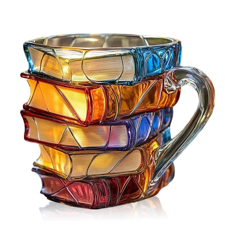 A clear product shot of the Kouvr stacked books glass mug on a plain white background to show detail.