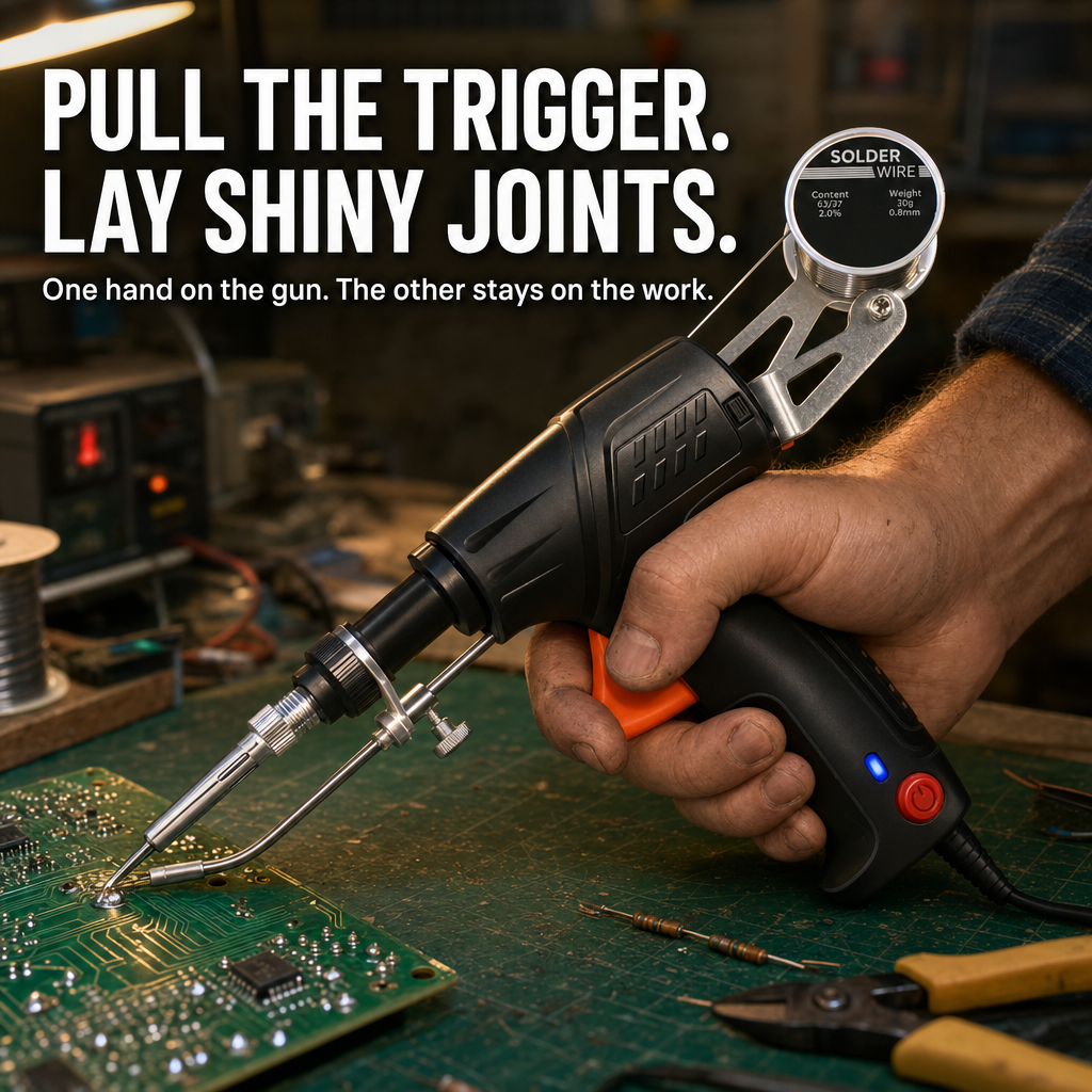 Trigger-Fed Soldering Gun | Auto-Feed 0.8 mm Solder Wire | Pistol Grip, Blue Indicator Light, Fold-Out Stand &amp; Full Kit 1