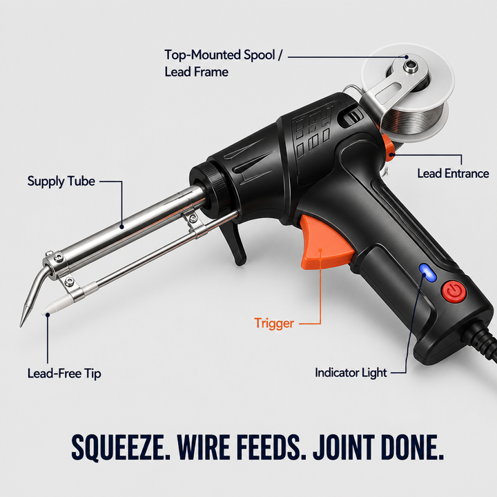 Trigger-Fed Soldering Gun | Auto-Feed 0.8 mm Solder Wire | Pistol Grip, Blue Indicator Light, Fold-Out Stand &amp; Full Kit 3