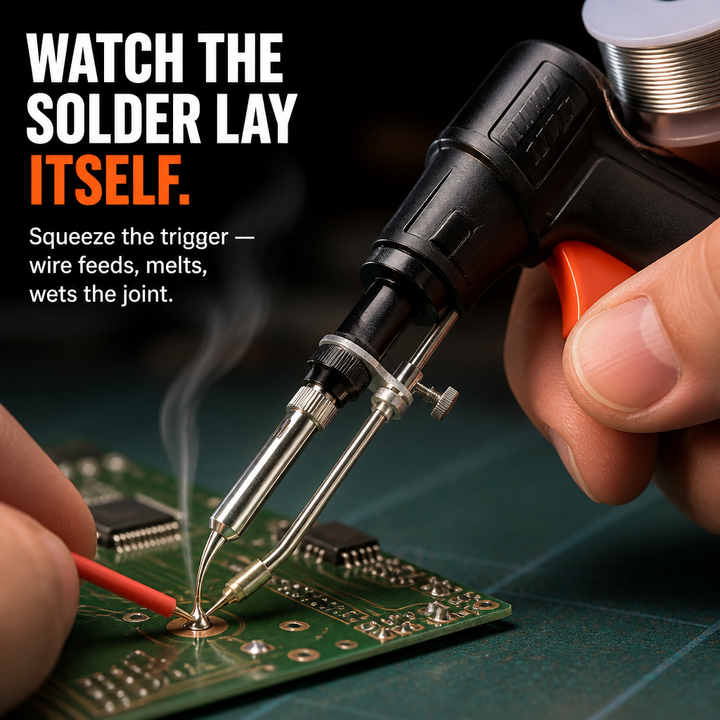 Trigger-Fed Soldering Gun | Auto-Feed 0.8 mm Solder Wire | Pistol Grip, Blue Indicator Light, Fold-Out Stand &amp; Full Kit 4