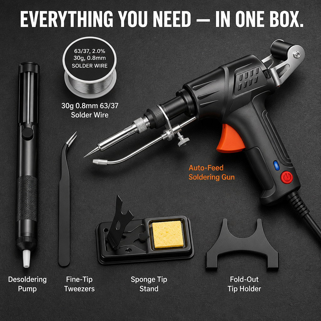 Trigger-Fed Soldering Gun | Auto-Feed 0.8 mm Solder Wire | Pistol Grip, Blue Indicator Light, Fold-Out Stand &amp; Full Kit 6