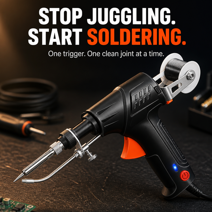 Trigger-Fed Soldering Gun | Auto-Feed 0.8 mm Solder Wire | Pistol Grip, Blue Indicator Light, Fold-Out Stand &amp; Full Kit 8