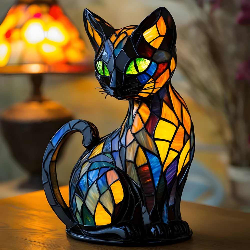 Glass Cat Table Lamp | Colour-Changing Mosaic Glow | E14 Socket Fits LED or Halogen Bulbs for Desk, Shelf or Bedside 1