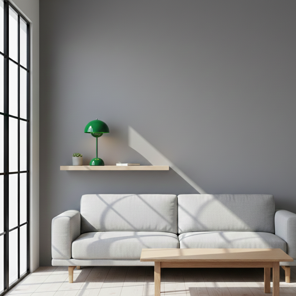 NordicNest Scandinavian table lamp creating a warm, cozy atmosphere in a living room