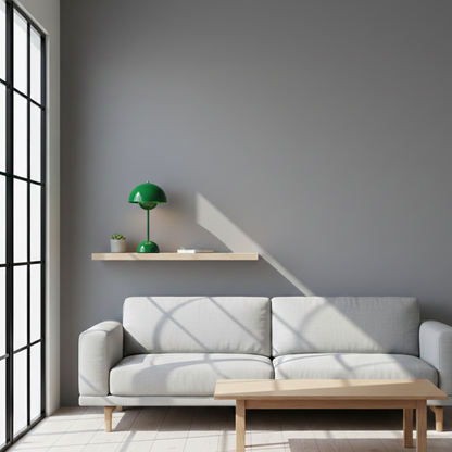 NordicNest Scandinavian table lamp creating a warm, cozy atmosphere in a living room