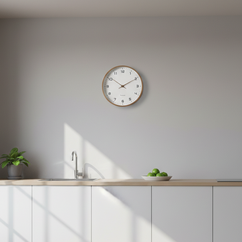NordicTimber wooden wall clock mounted on kitchen wall, showcasing modern minimalist design