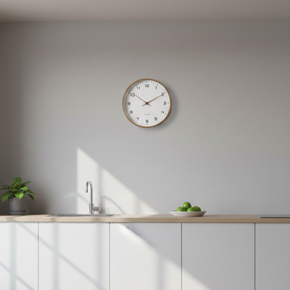 NordicTimber wooden wall clock mounted on kitchen wall, showcasing modern minimalist design