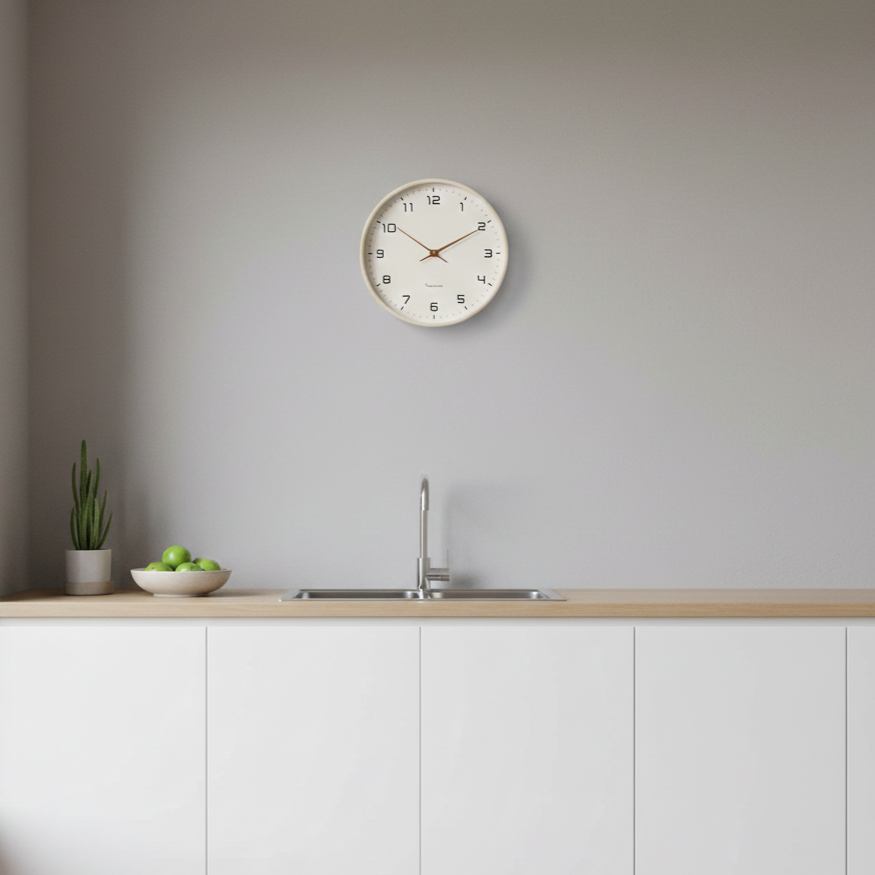 NordicTimber wooden wall clock mounted on kitchen wall, showcasing modern minimalist design