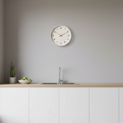 NordicTimber wooden wall clock mounted on kitchen wall, showcasing modern minimalist design
