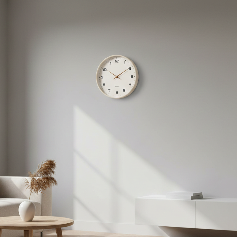 NordicTimber wooden wall clock mounted on living room wall, showcasing modern minimalist design
