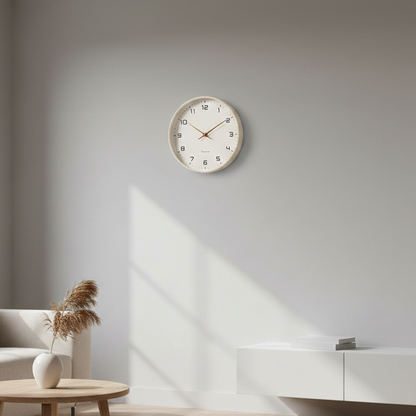 NordicTimber wooden wall clock mounted on living room wall, showcasing modern minimalist design