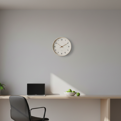 NordicTimber wooden wall clock mounted on office wall, showcasing modern minimalist design