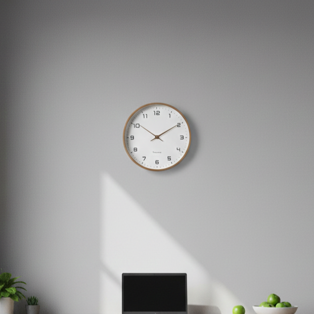 NordicTimber wooden wall clock mounted on office wall, showcasing modern minimalist design