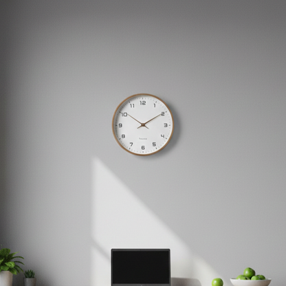 NordicTimber wooden wall clock mounted on office wall, showcasing modern minimalist design