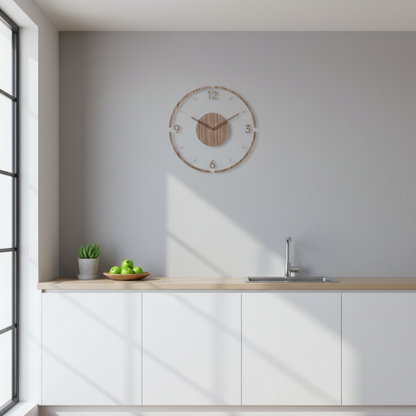 NordWood Scandinavian wooden wall clock mounted on wall in modern kitchen, highlighting minimalist and elegant home decor