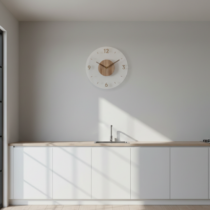 NordWood Scandinavian wooden wall clock mounted on wall in modern kitchen, highlighting minimalist and elegant home decor