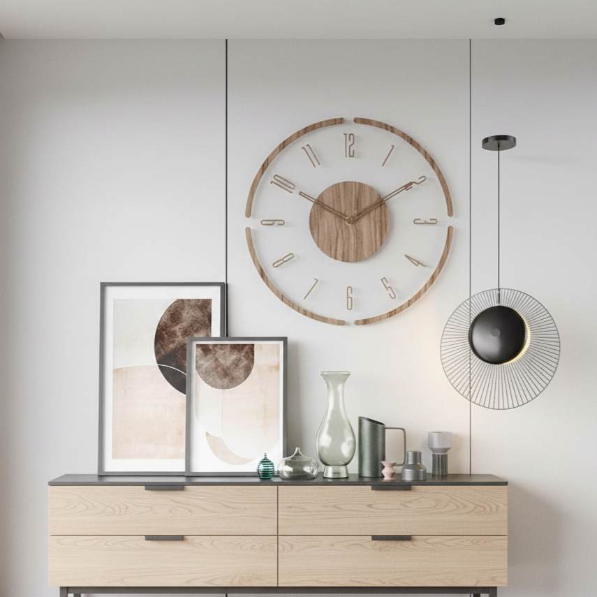 NordWood Scandinavian wooden wall clock mounted on wall in modern living room, highlighting minimalist and elegant home decor